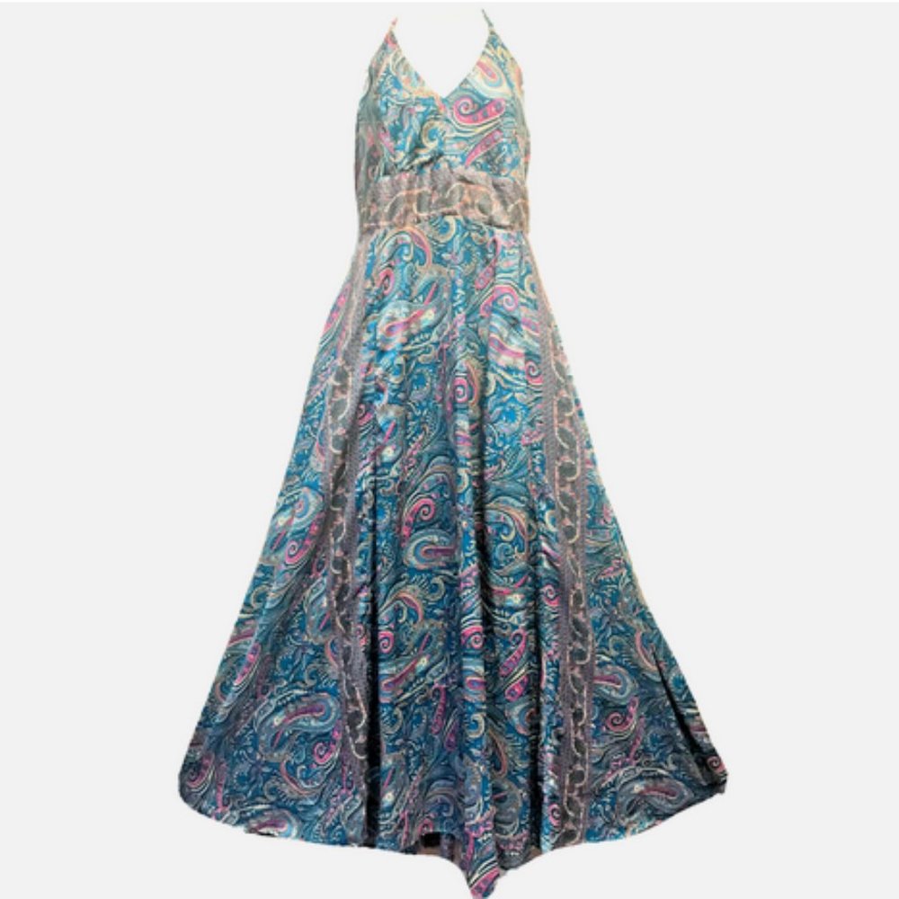 SACRED THREADS paisley boho funky soft poly/silk maxi halter DRESS M